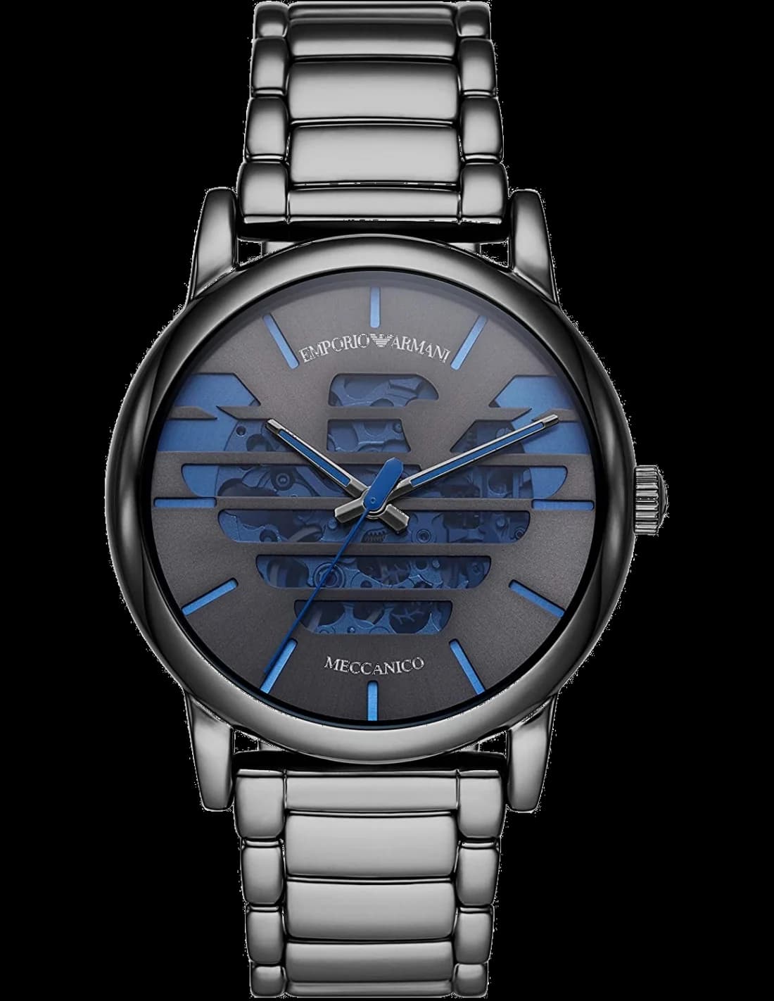 Montre Emporio Armani AR60029 avec cadran squelette bleu révélant le mouvement mécanique et aiguilles argentées