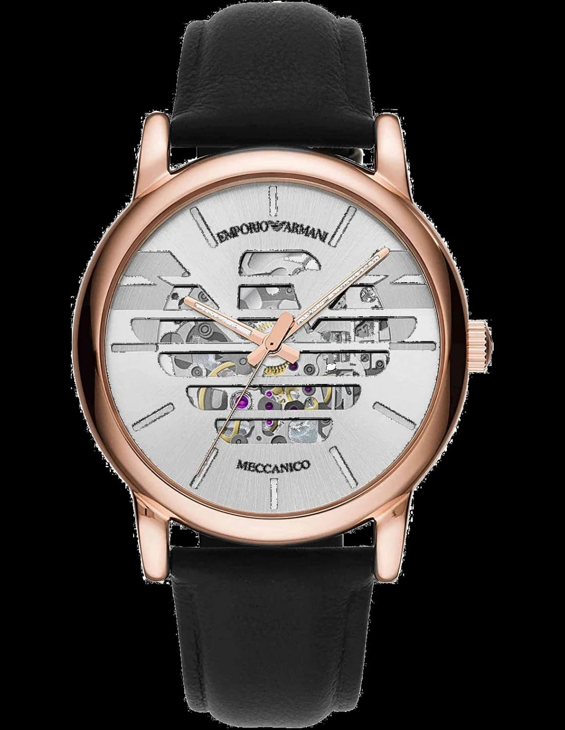Montre Emporio Armani AR60031 au cadran squelette noir avec index argentés et aiguilles luminescentes, style moderne et élégant
