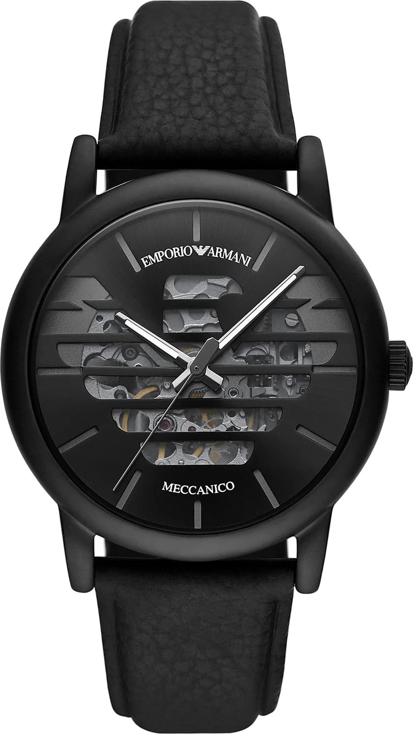 Montre Emporio Armani AR60032 avec cadran squelette noir dévoilant le mécanisme sur fond de boîtier argenté