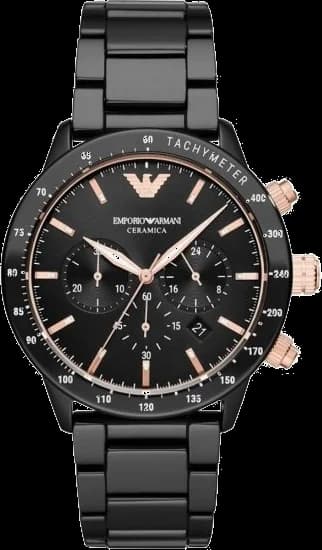 Montre Emporio Armani AR70002 en céramique noire avec cadran noir et index argentés, design minimaliste chic
