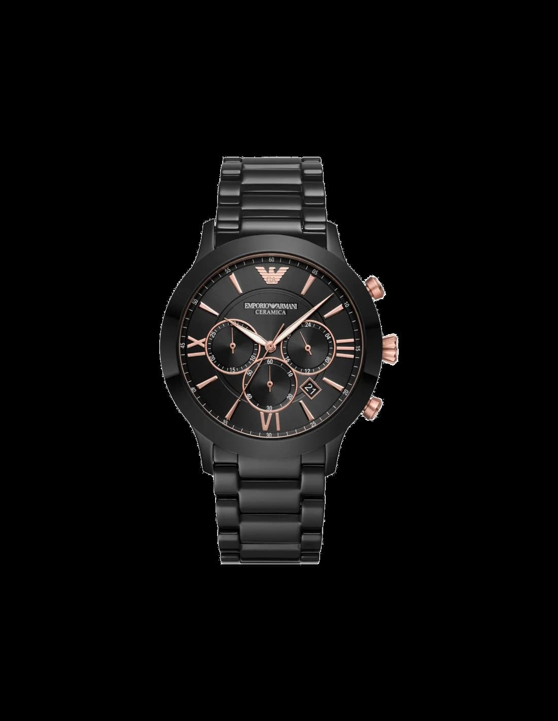 Montre Emporio Armani AR70006 au cadran noir avec index bâtons et aiguilles argentées, style minimaliste et élégant