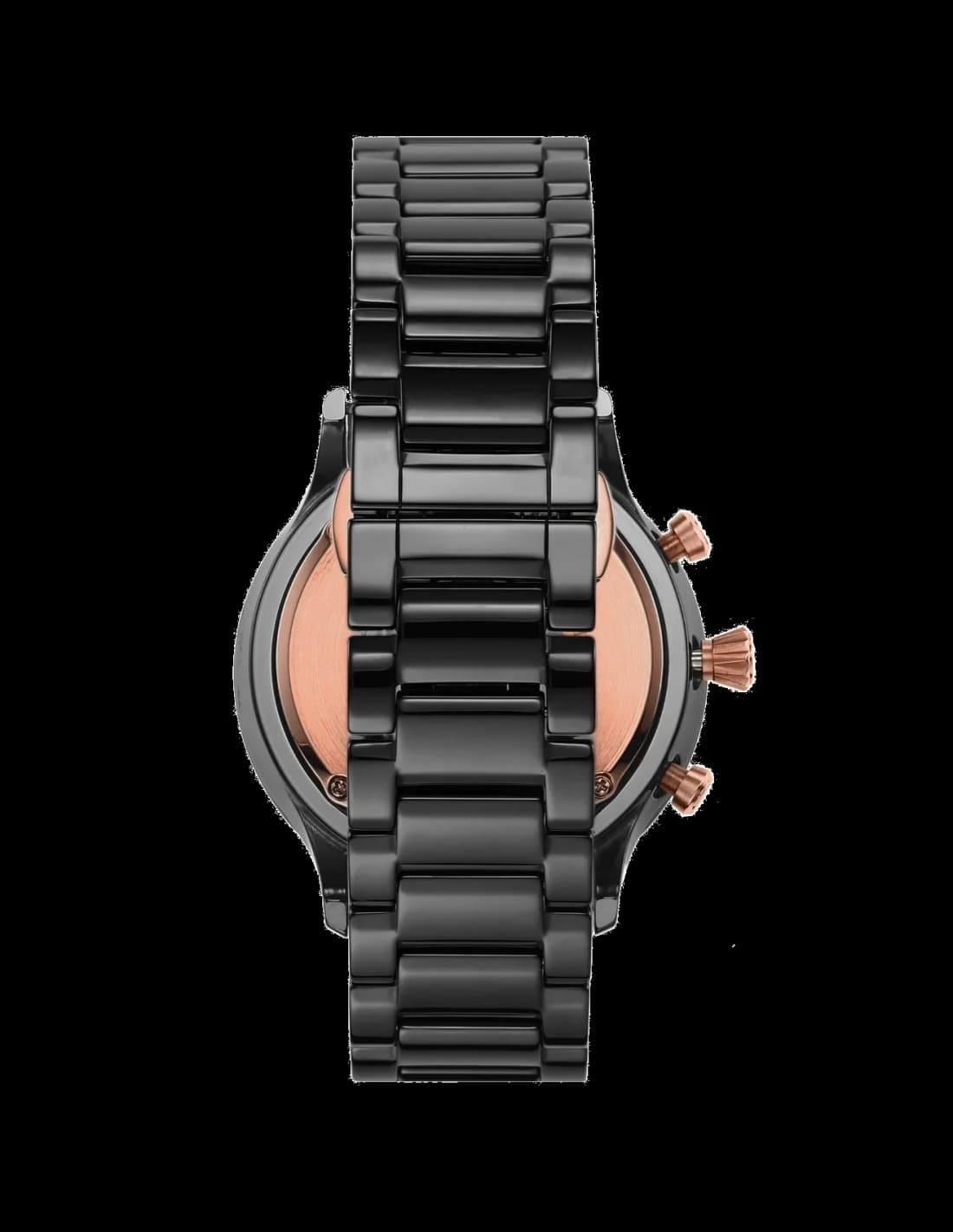 Cadran Emporio Armani AR70006 noir avec index appliques et aiguilles dauphine, date à 3h, mouvement chronographe