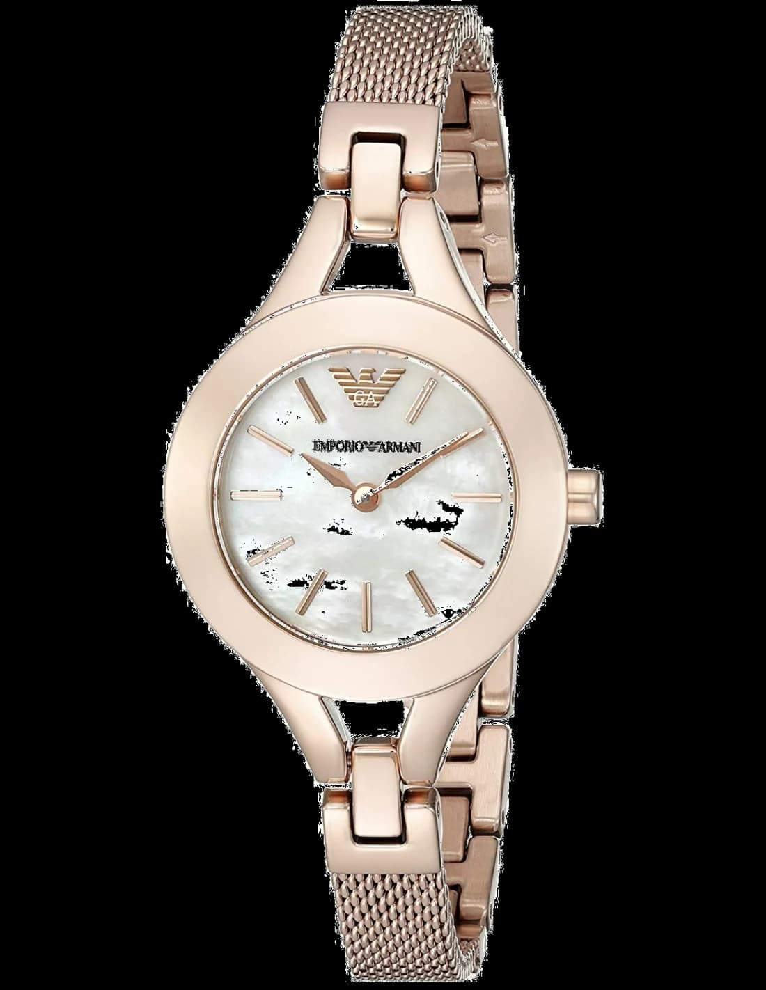 Montre Emporio Armani AR7329 au cadran nacre irisé et finitions or rose, élégance féminine intemporelle