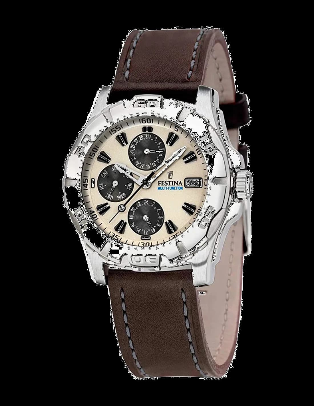 Montre Festina F16243/A avec cadran blanc, index bâtons et aiguilles bleues, style classique