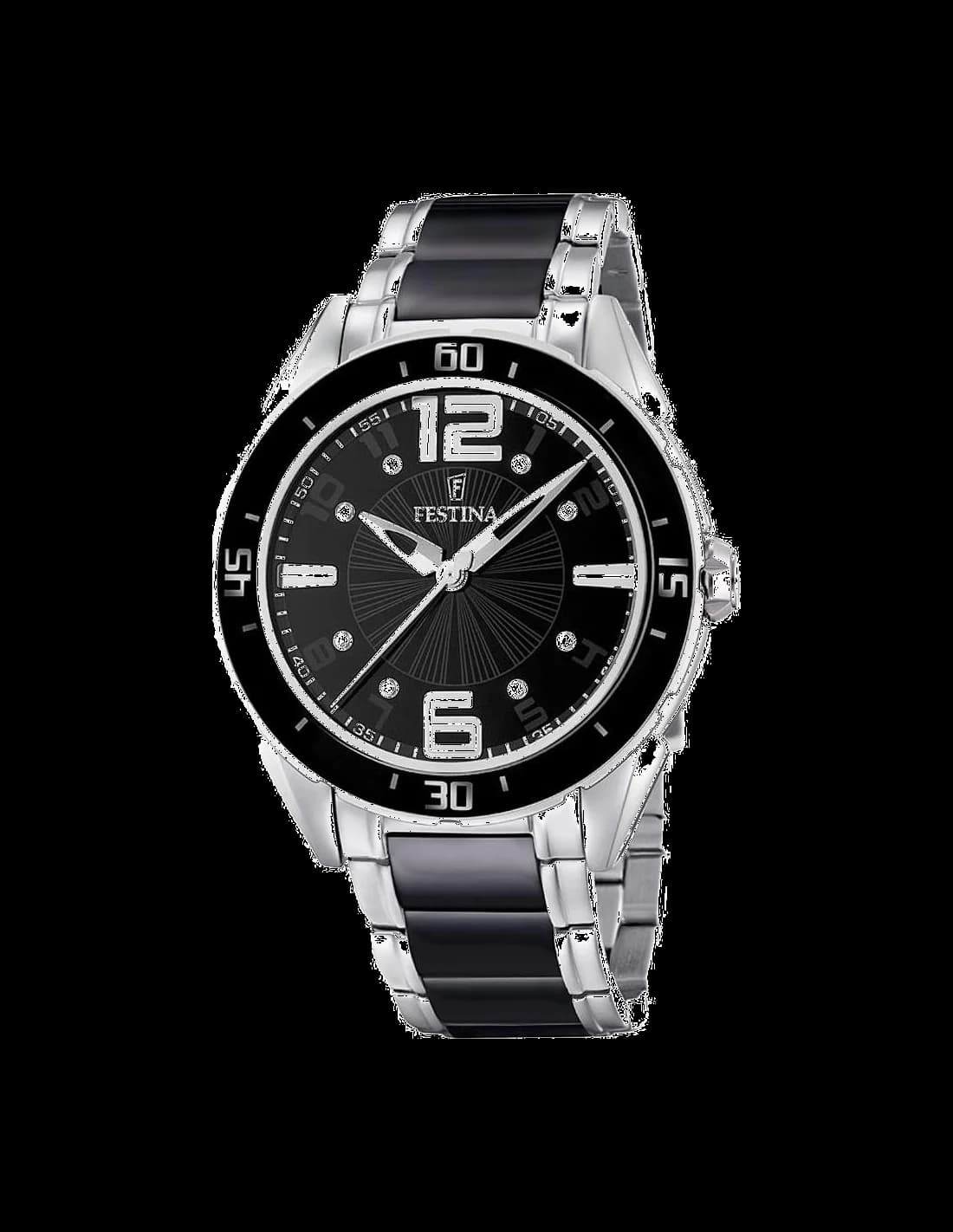 Montre Festina F16395/2 avec cadran noir et index argentés sur fond noir élégant