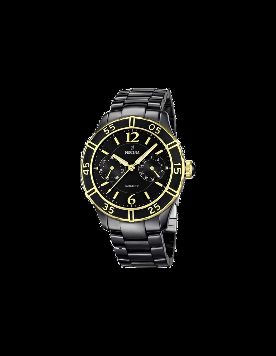 Montre Festina F16634/2 au cadran noir soleil avec index dorés et aiguilles luminescentes, style chic et moderne