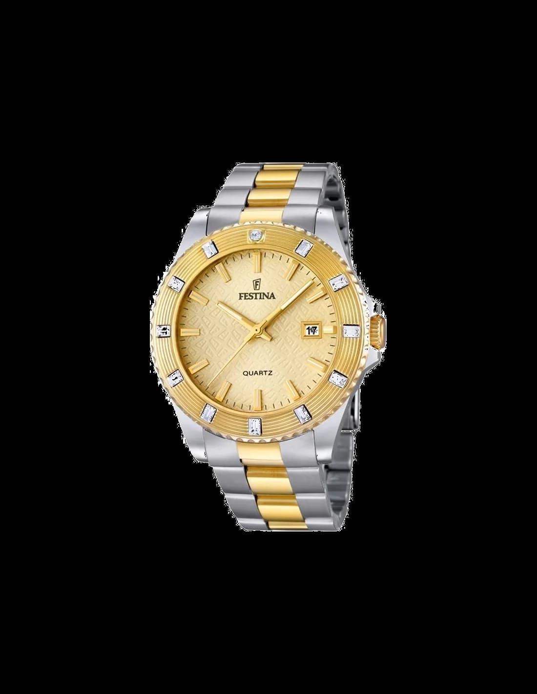Montre Festina F16688/2 au cadran blanc nacré orné de pierres zircon et index dorés