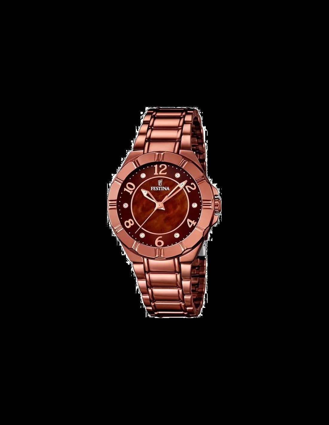Montre Festina F16729/1 au cadran marron soleil avec index dorés et aiguilles bâtons, style élégant et féminin