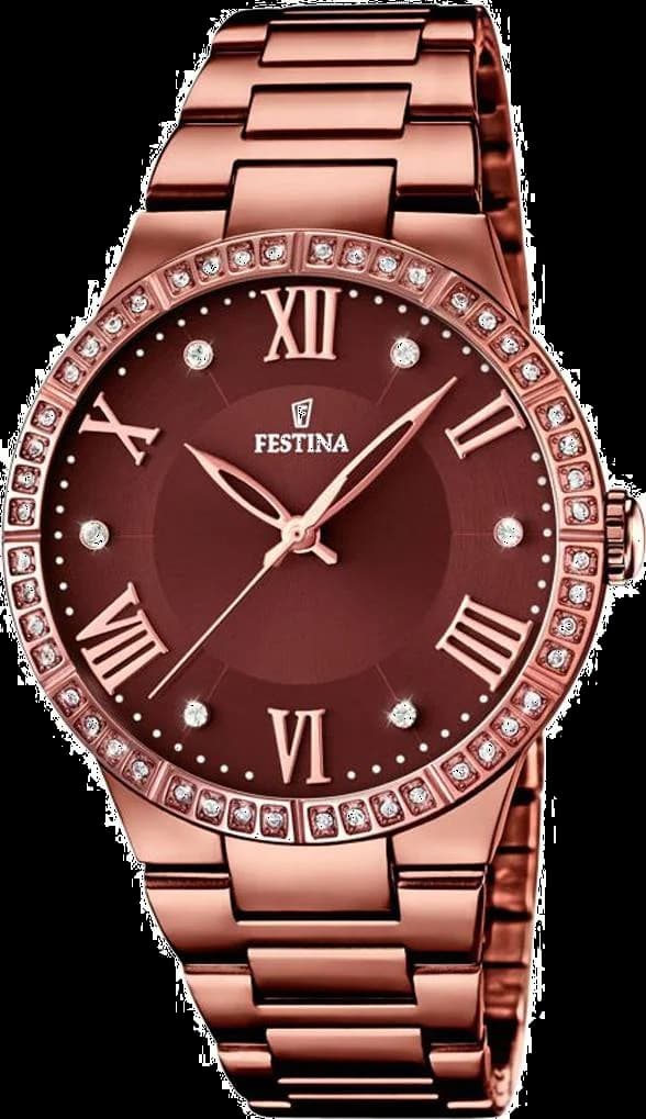 Montre Festina F16801/1 au cadran serti de strass sur fond bronze avec aiguilles dorées et index discrets