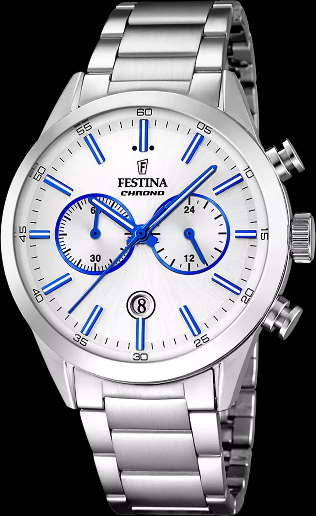 Montre Festina F16826/A en acier argenté avec cadran blanc et index bâtons, style classique intemporel