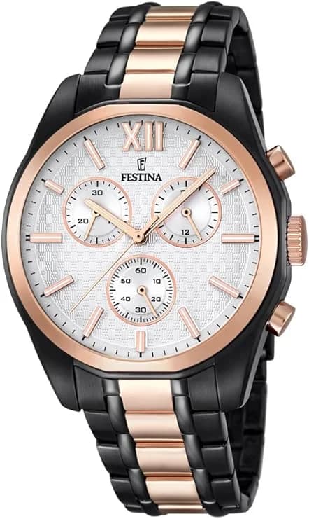 Montre Festina F16856/1 or rose avec cadran blanc et index dorés, style classique élégant