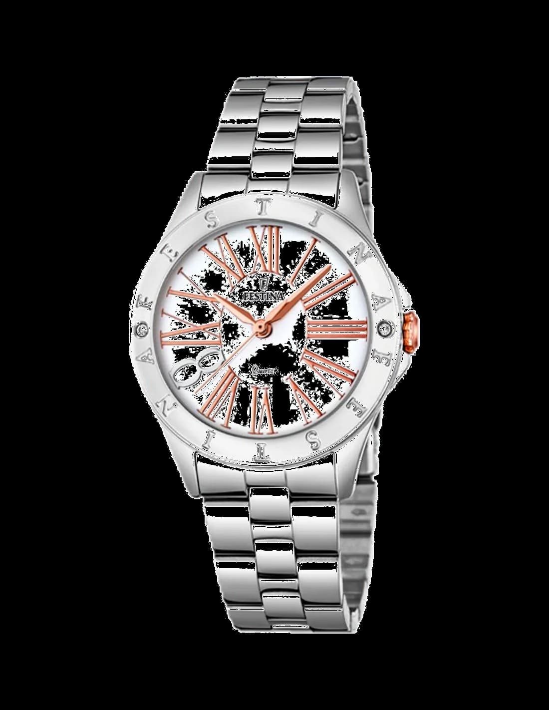 Montre Festina F16925/1 au cadran argenté avec index et aiguilles dorés, style classique et élégant