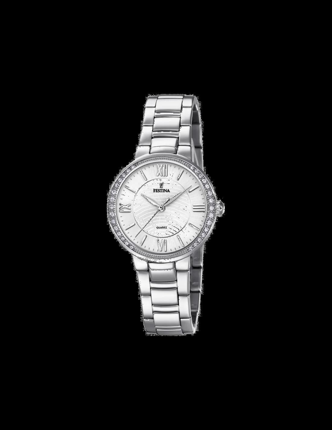 Montre Festina F20220/1 argenté avec cadran blanc nacré, index dorés et cristaux scintillants, style élégant et féminin