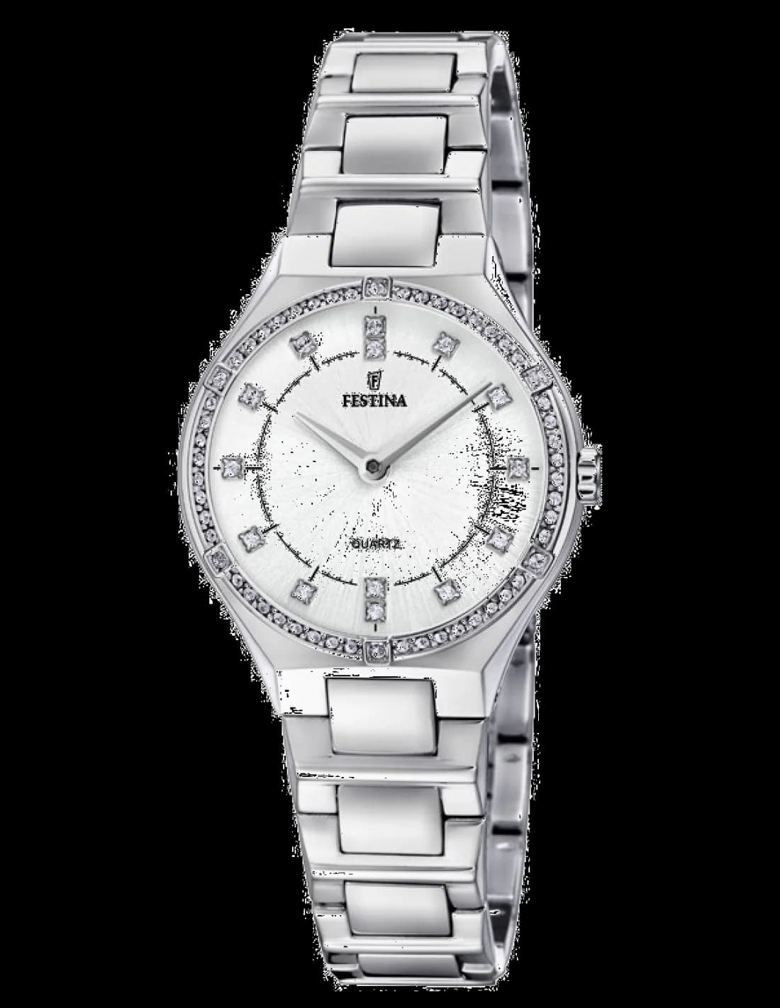 Montre Festina F20225/1 au cadran argenté soleil avec index bâtons et aiguilles fines, style épuré
