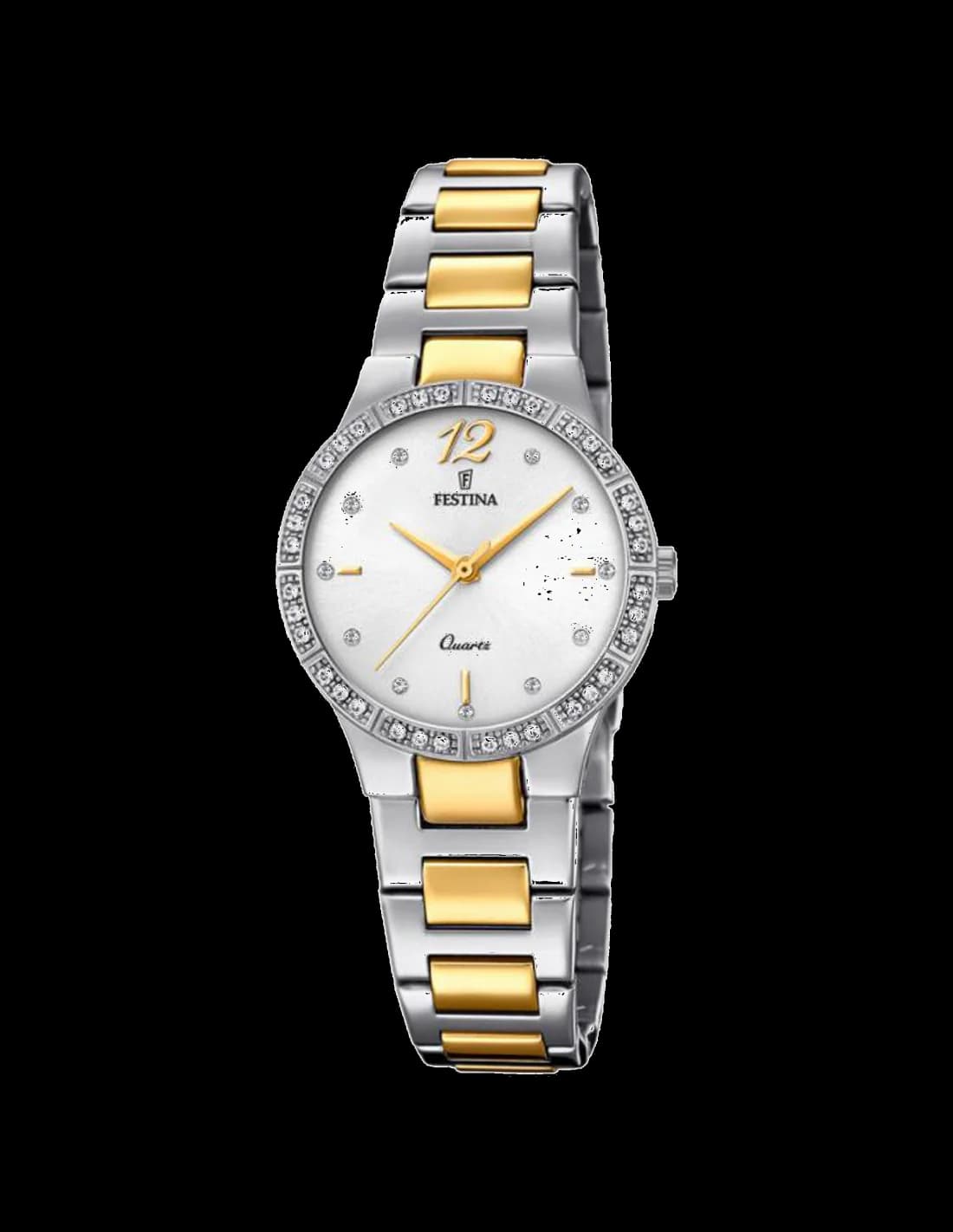 Montre Festina F20241/1 au cadran blanc nacré avec index dorés et aiguilles bâton, style élégant et féminin