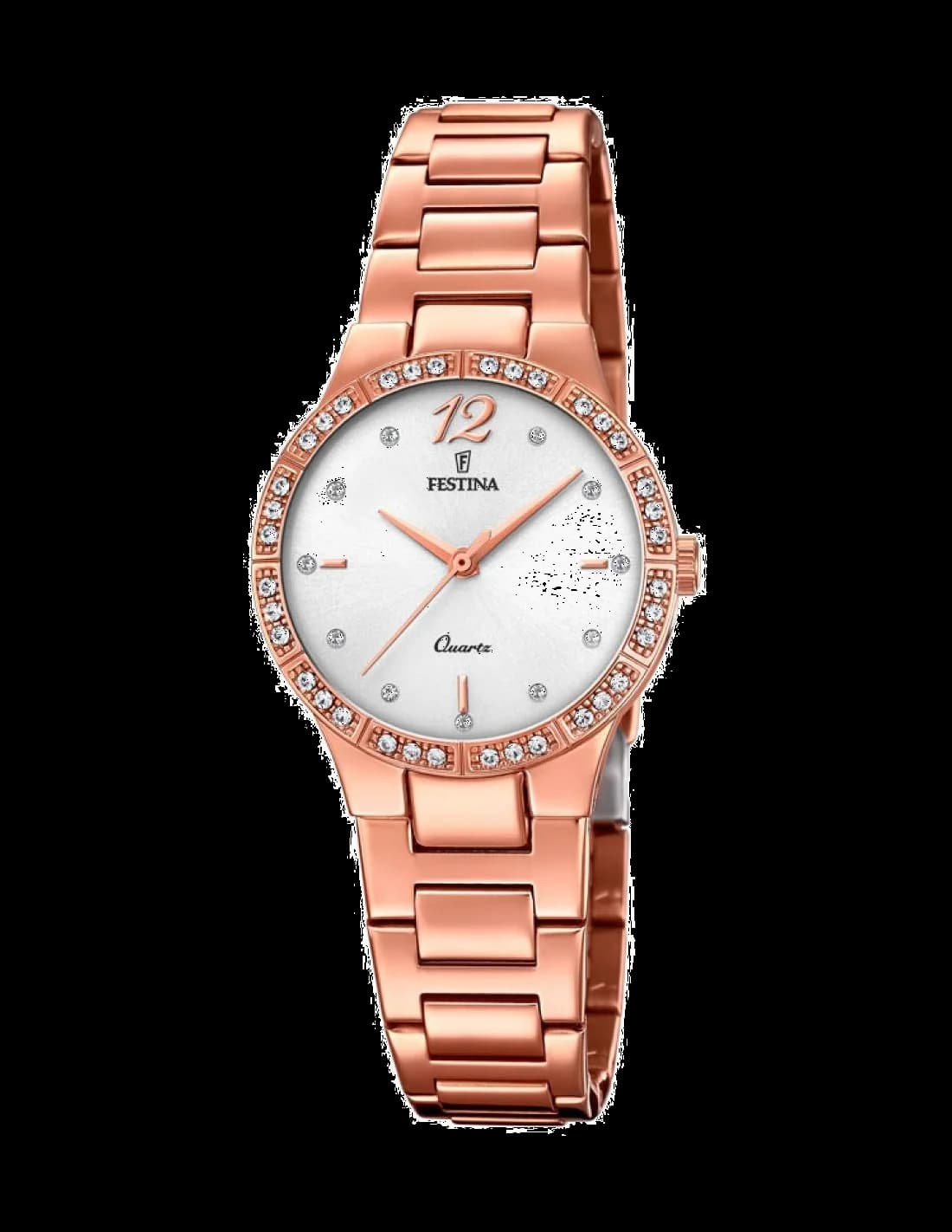 Montre Festina F20242/1 avec cadran blanc nacré, index dorés et cristaux scintillants, style élégant féminin