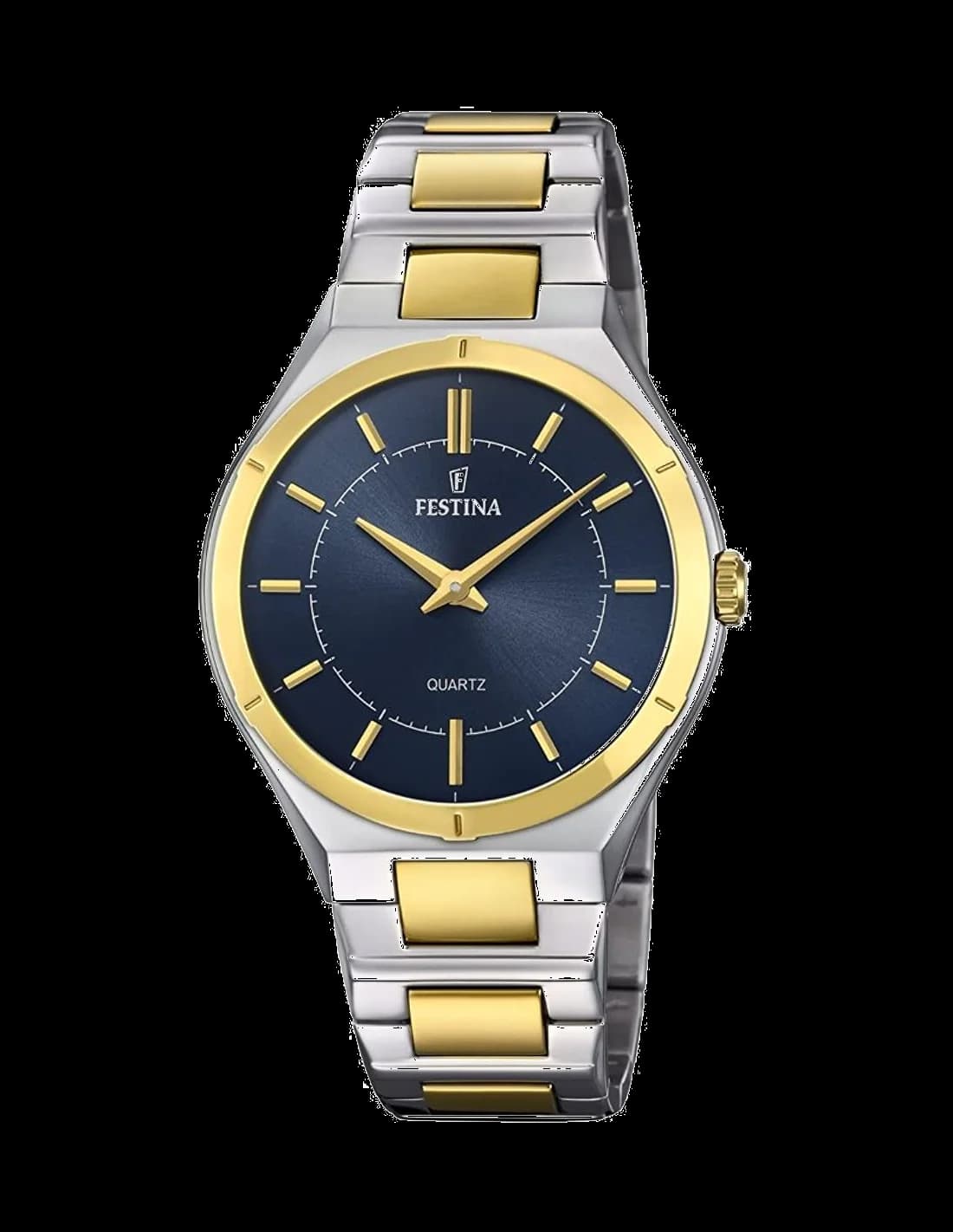 Montre Festina F20245/3 affichant un cadran blanc avec index dorés et aiguilles luminescentes sur fond argenté