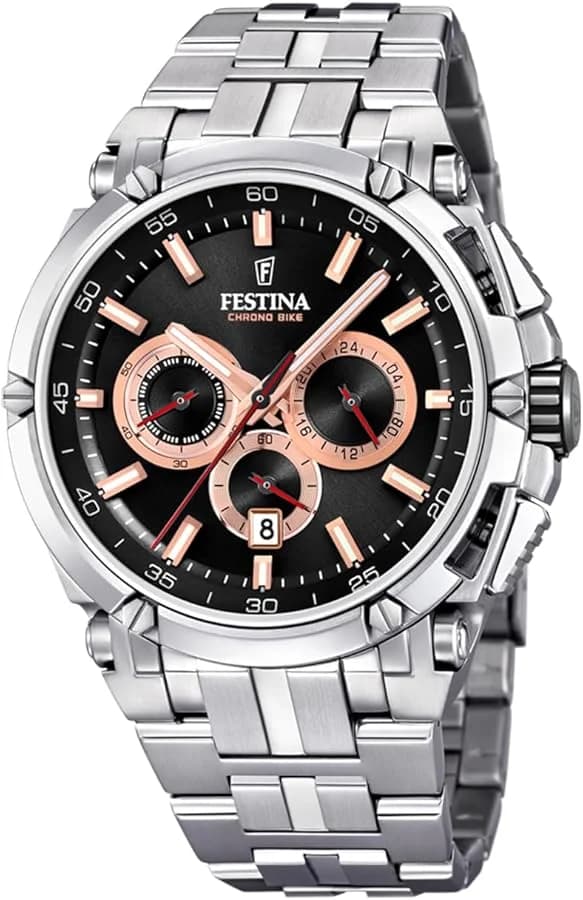 Montre Festina F20327/8 avec cadran noir, aiguilles argentées et index bâton sur fond mat