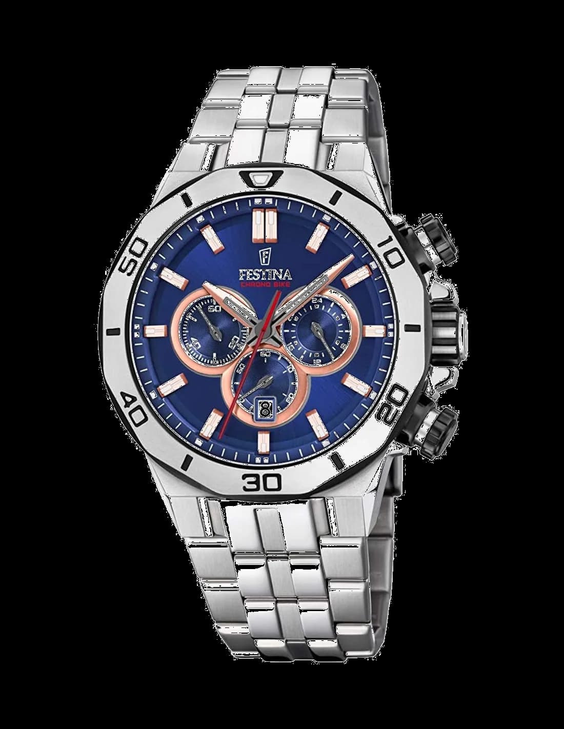 Montre Festina F20448/1 chronographe en acier au cadran bleu soleillé et affichage jour-date