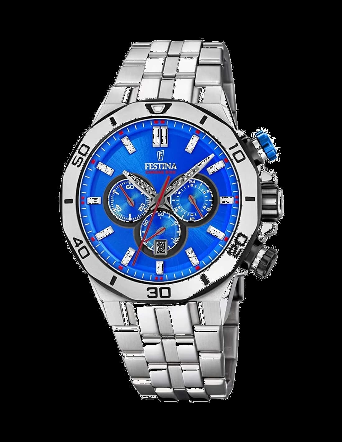 Montre Festina F20448/2 au cadran bleu soleil, aiguilles argentées et index bâton, style sport chic