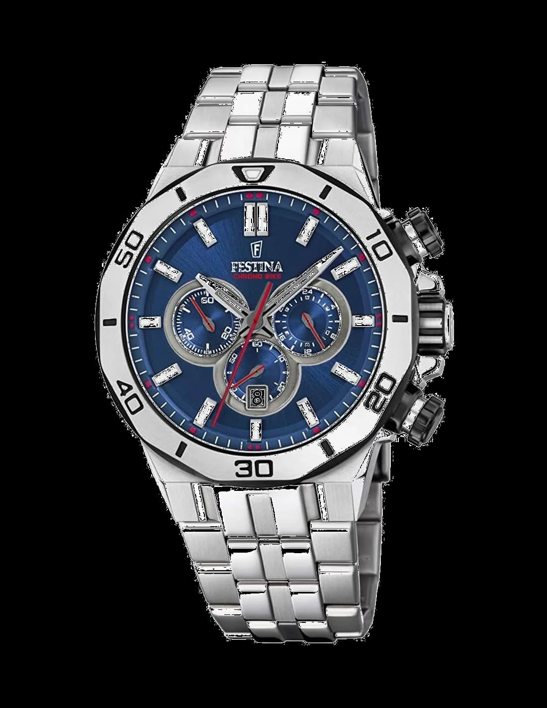 Montre Festina F20448/3 avec cadran noir soleillé, compteurs bleus et index argentés, style sportif