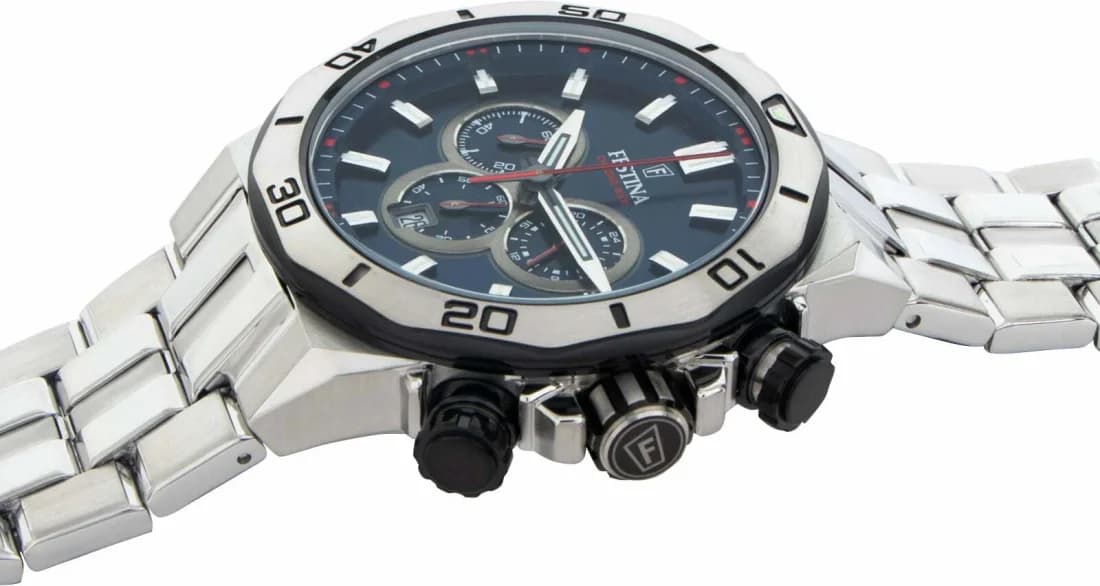 Bracelet Festina F20448/3 en cuir noir cousu bleu, boucle ardillon acier brossé, confort et robustesse
