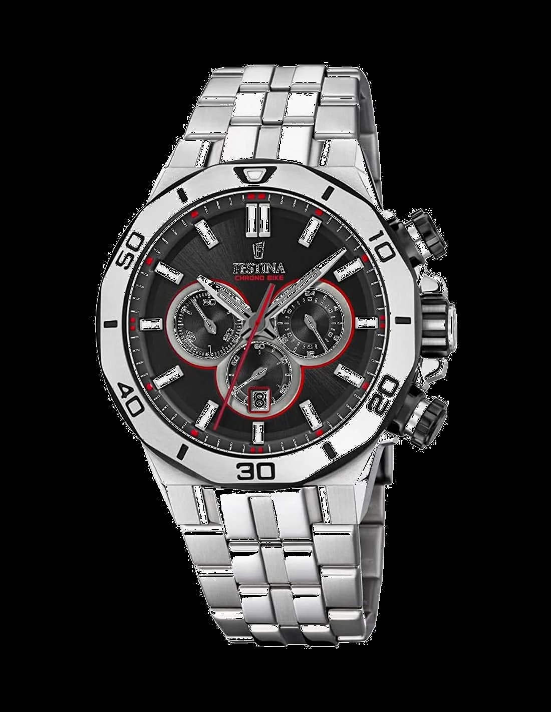 Montre Festina F20448/4 avec cadran noir, aiguilles et index argentés, affichage chronographe et guichet date à 4h30