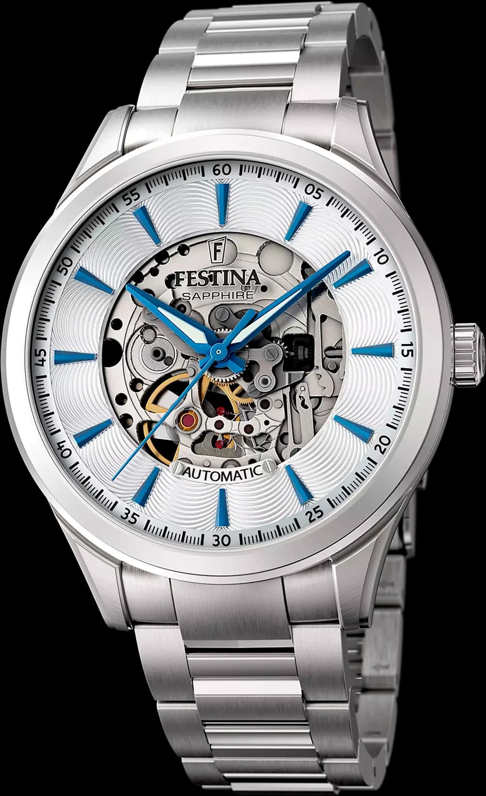Montre Festina F20536/1 au cadran squelette dévoilant le mouvement automatique, aiguilles argentées et index bâtons sur fond gris soleillé