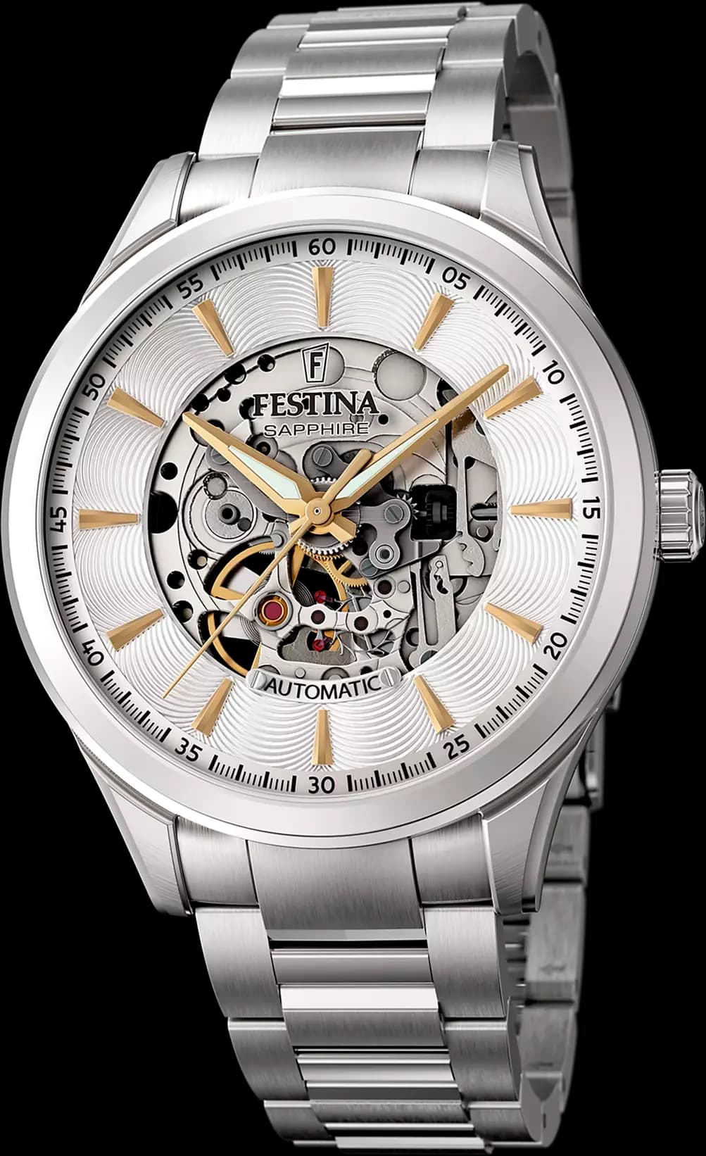 Montre Festina F20536/2 au cadran squelette ouvert sur le mouvement automatique, aiguilles argentées et index bâtons sur fond gris fumé