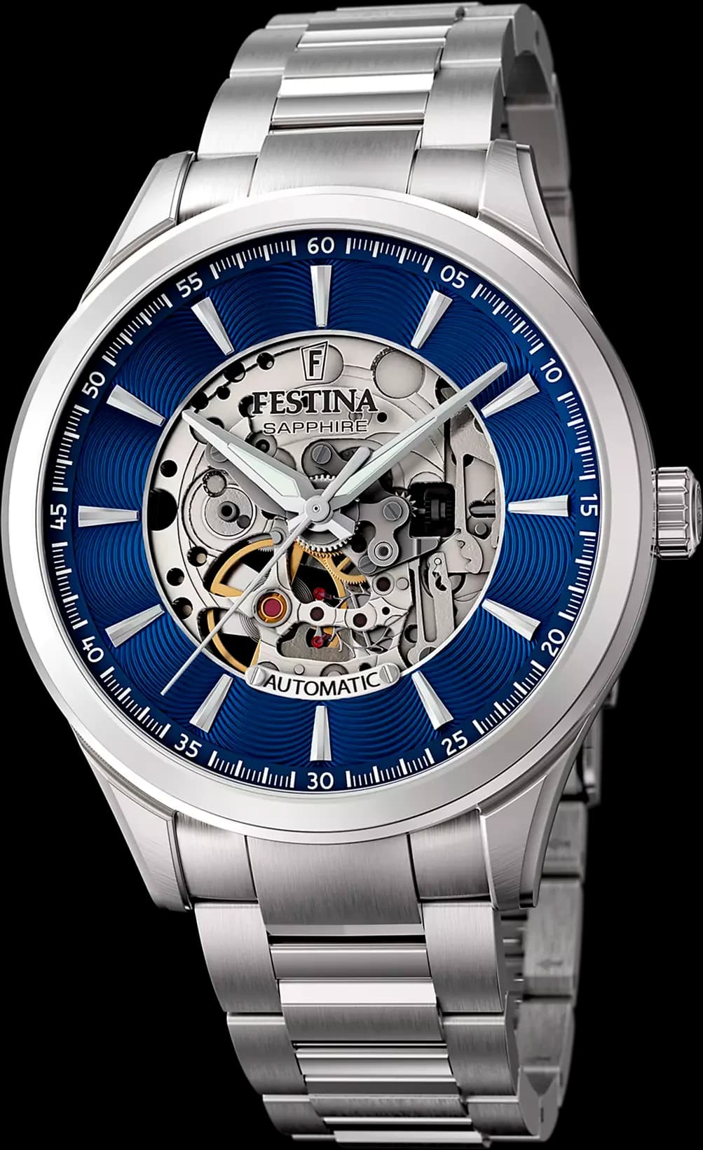 Montre Festina F20536/3 vue principale du cadran squelette argenté avec index bâtons et aiguilles bleues
