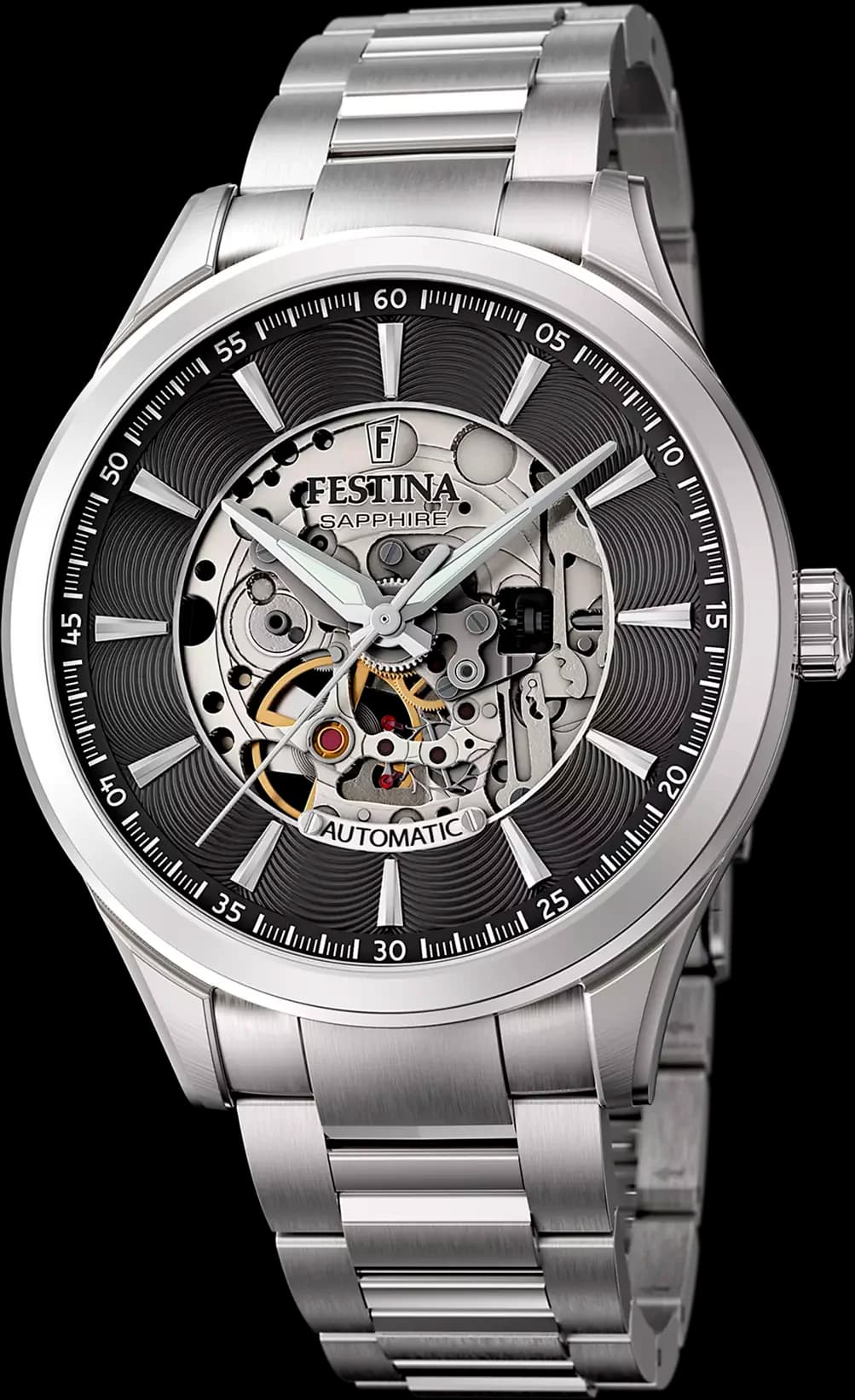 Montre Festina F20536/4 avec cadran squelette argenté ouvert sur le mouvement automatique, style classique moderne