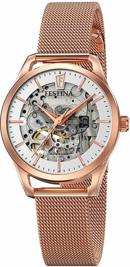 Montre Festina F20539/1 avec cadran squelette doré, finition satinée et aiguilles bleuies