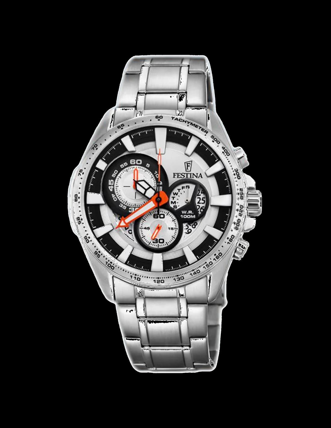 Montre Festina F6864/1 avec cadran noir soleillé, index argentés et aiguilles luminescentes, style sport chic