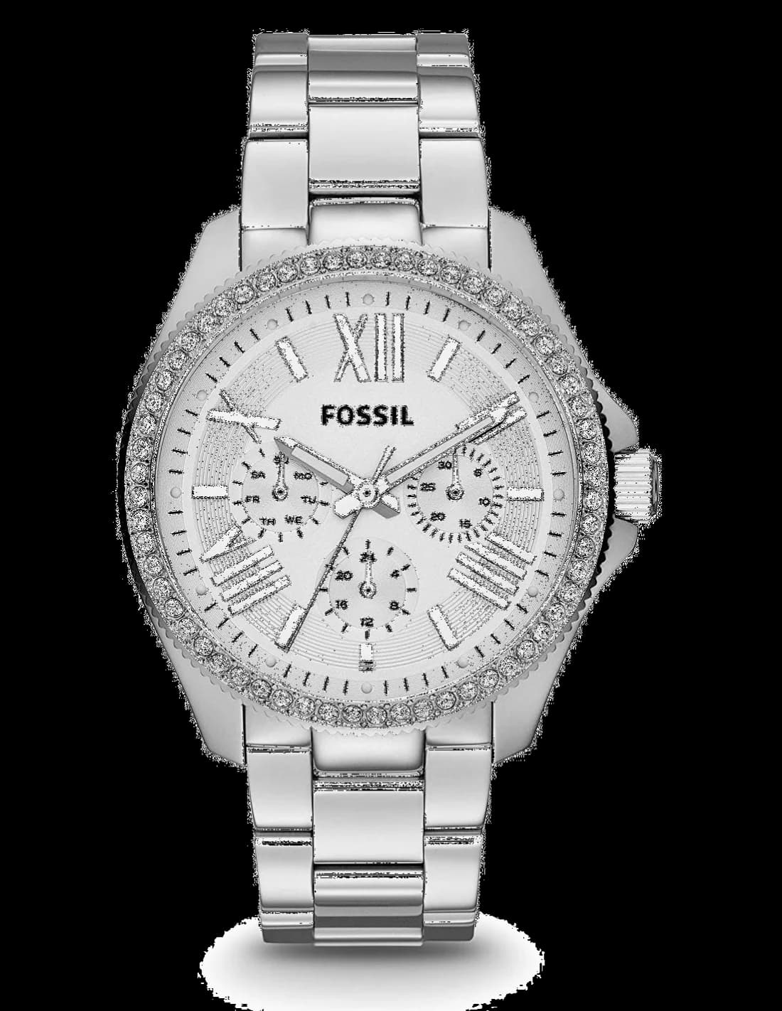 Montre Fossil AM4481 argentée au cadran scintillant, strass et acier poli, look féminin chic