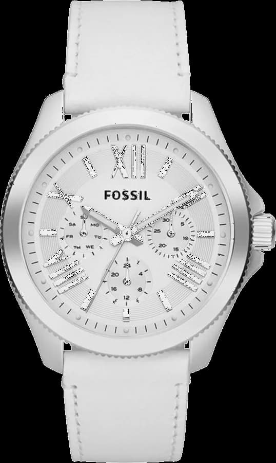 Montre Fossil AM4484 au cadran blanc et boîtier doré, style chic et féminin sur fond clair
