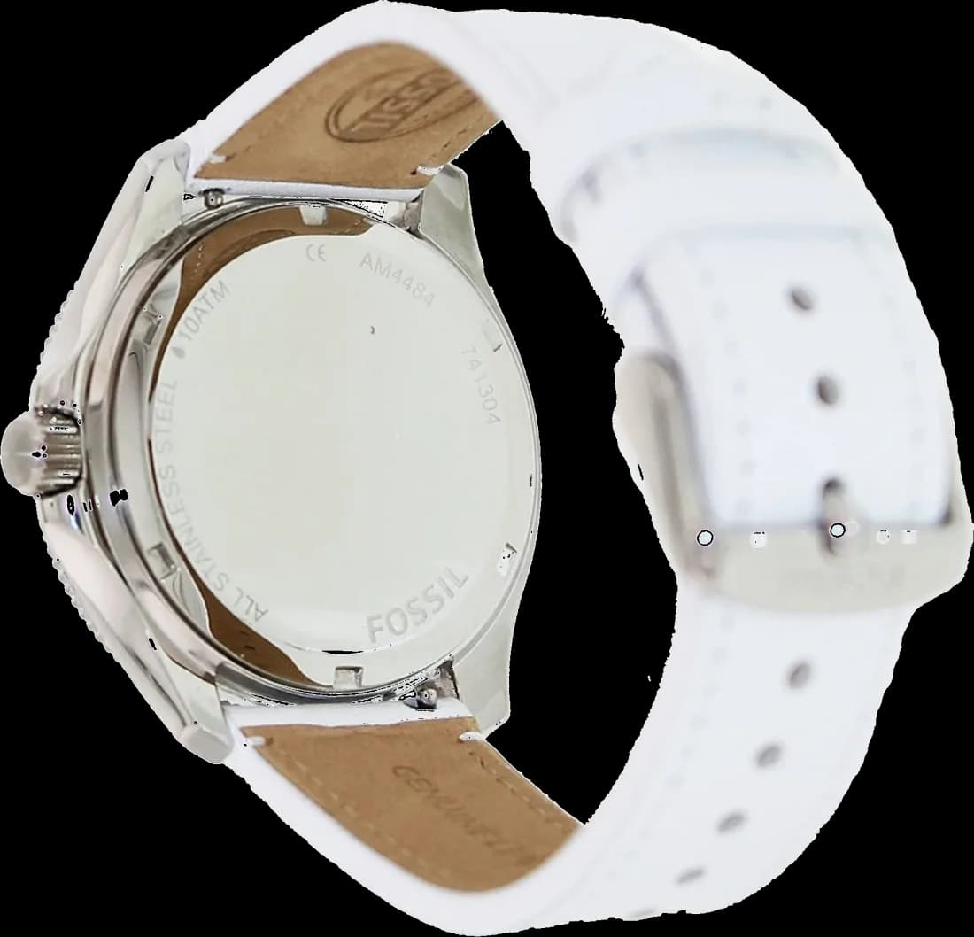 Bracelet Fossil AM4484 en cuir blanc avec coutures contrastées, boucle ardillon dorée, souple et raffiné