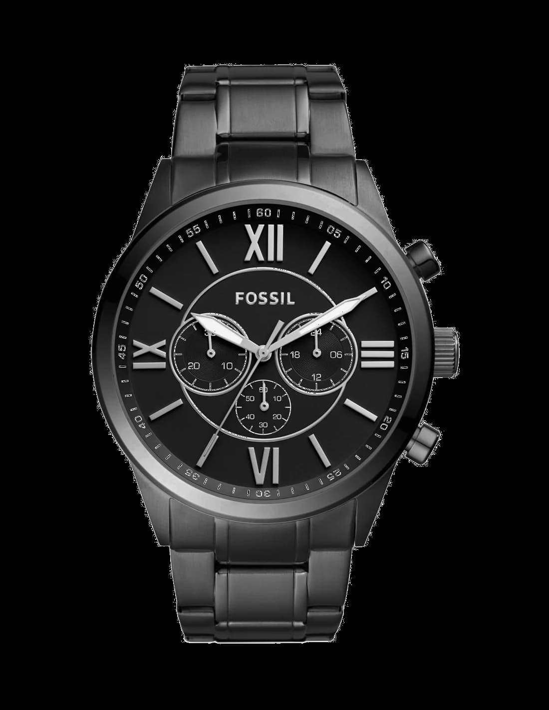 Montre Fossil BQ1127IE au cadran noir texturé, aiguilles luminescentes et index appliqués sur fond fumé