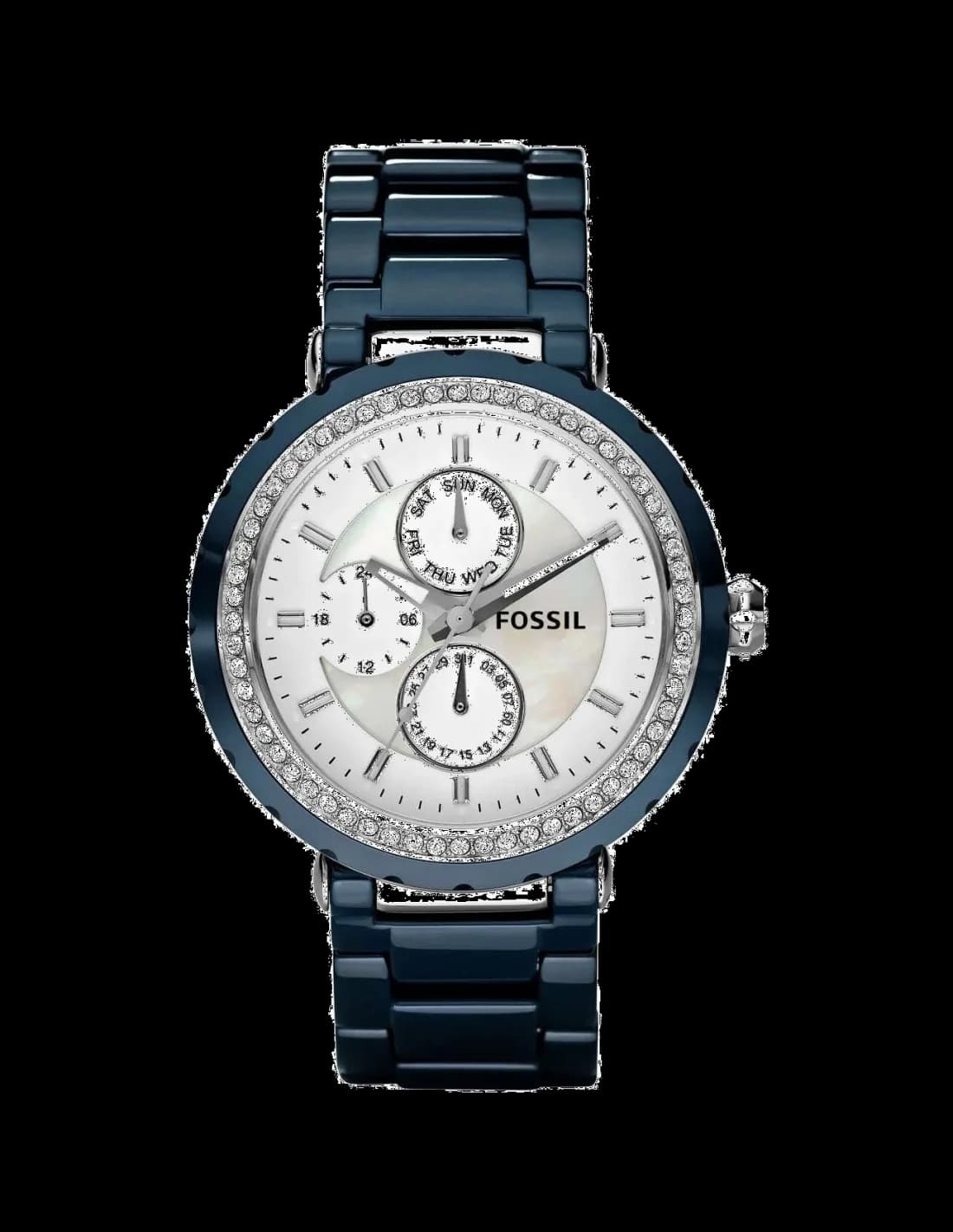 Montre Fossil CE1047 avec cadran bleu nacre, aiguilles dorées et index appliqués, style élégant et féminin