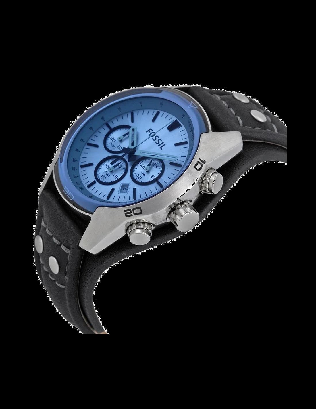 Cadran Fossil CH2564 avec sous-cadrans chronographe, date à 4h30 et index luminescents sur fond bleu
