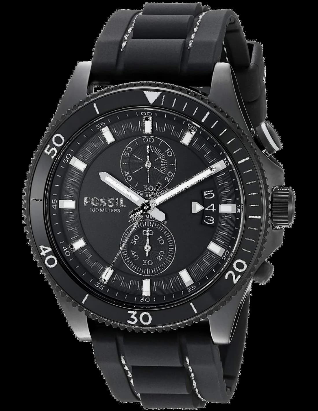 Montre Fossil CH3010 au cadran noir soleil, aiguilles luminescentes et affichage date à 3h, style sport chic