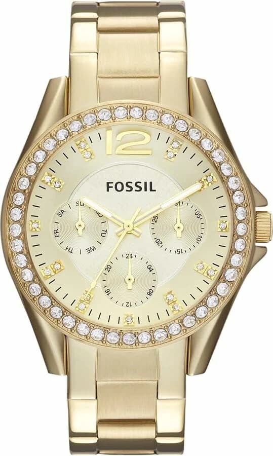 Montre Fossil ES3203 au cadran blanc nacré avec index dorés et aiguilles en acier doré, style élégant et féminin