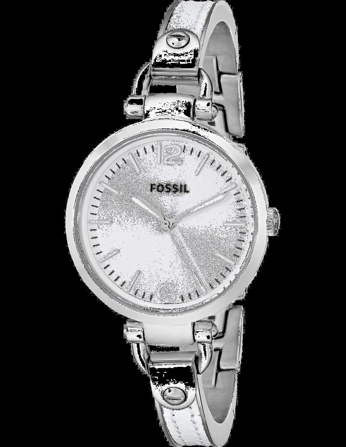 Montre Fossil ES3259 avec cadran blanc et index argentés sur fond soleillé, style classique et élégant