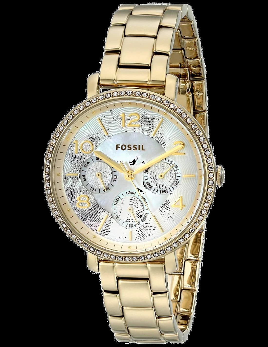 Montre Fossil ES3756 avec cadran nacre irisé et lunette ornée de cristaux scintillants, style élégant et féminin