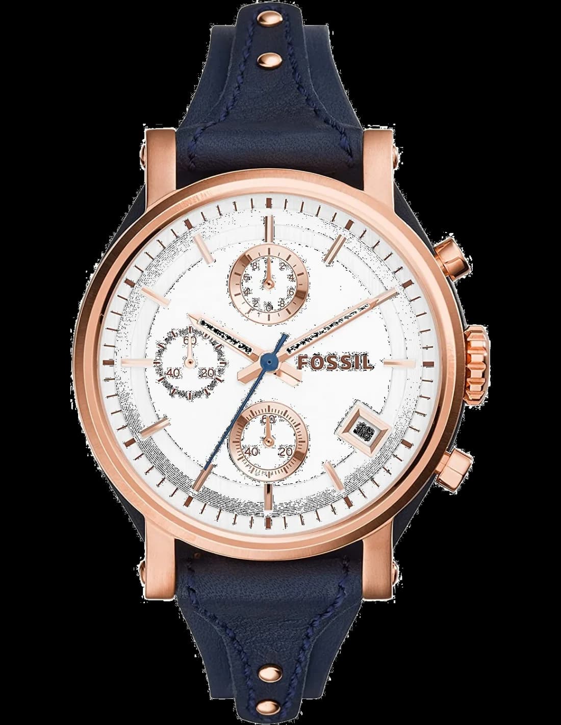 Montre Fossil ES3838 au cadran bleu soleil avec index bâtons et aiguilles argentées, style Boyfriend
