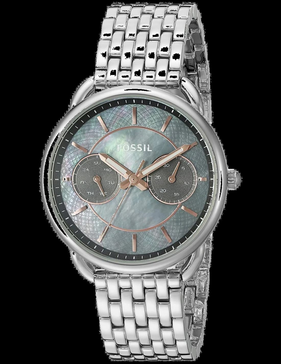 Montre Fossil ES3911 au cadran nacre gris orné d'aiguilles dorées, style raffiné et féminin