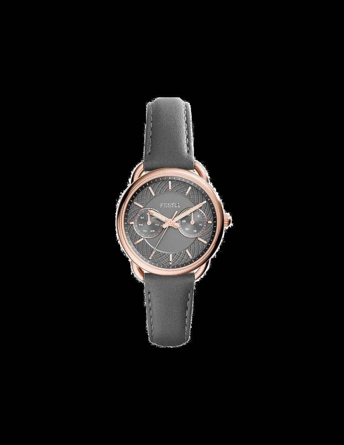 Montre Fossil ES3913 avec cadran gris soleillé, aiguilles dorées et index bâtons, style classique chic