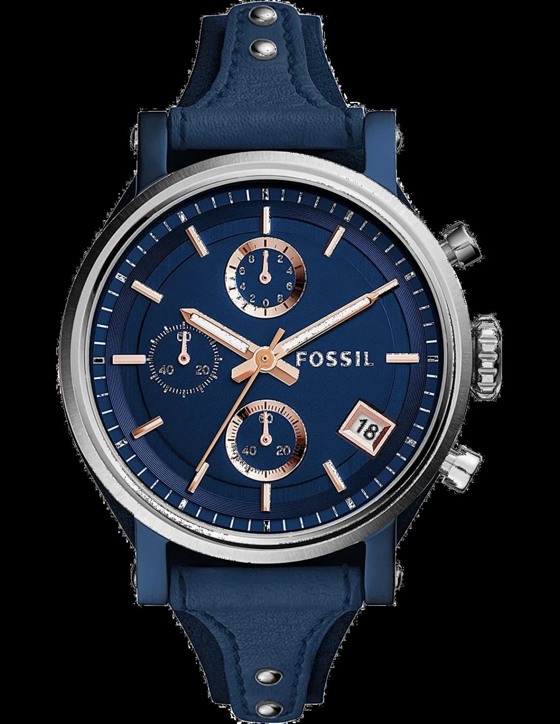 Montre Fossil ES4113 avec cadran bleu soleil et index appliqués argentés