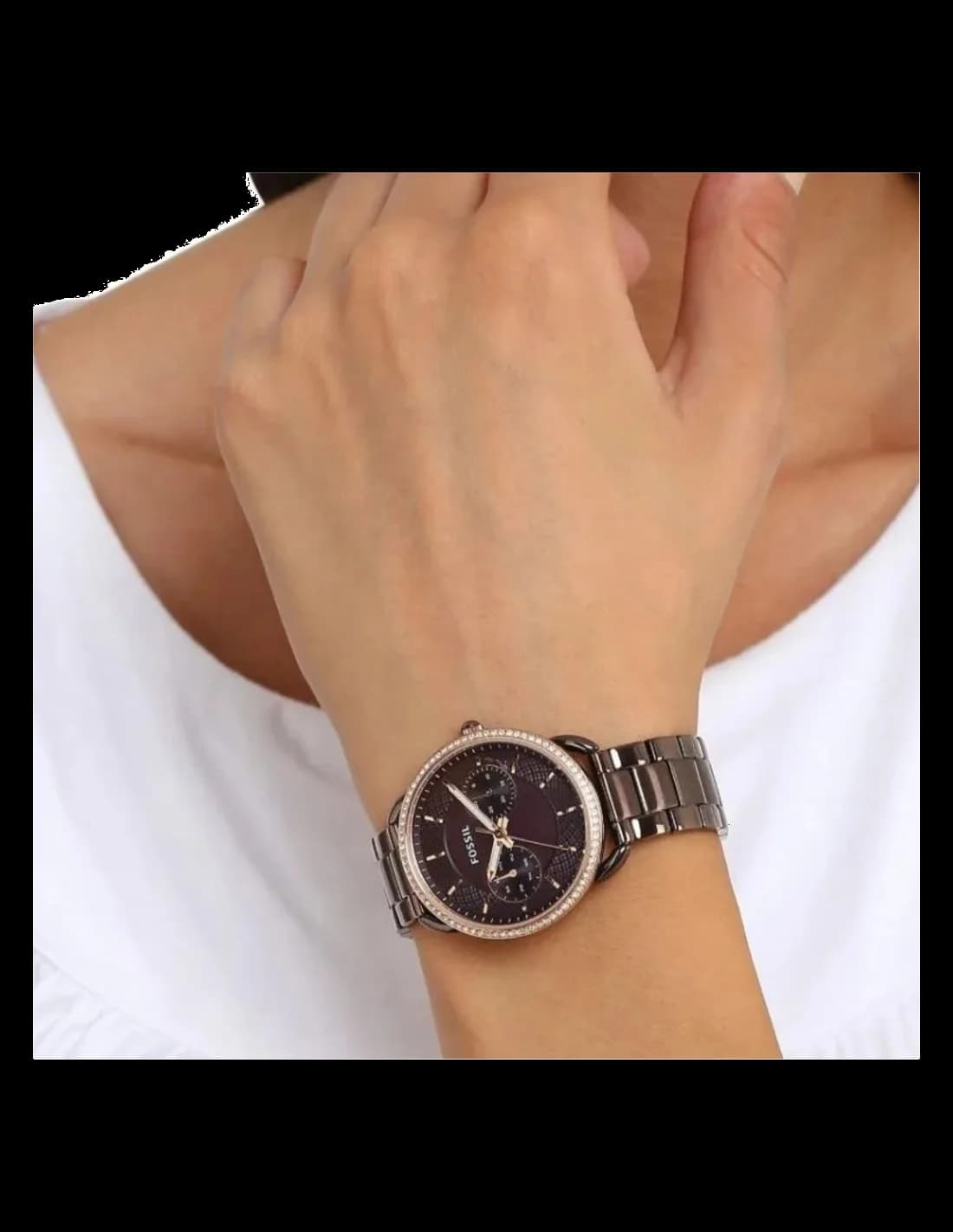 Bracelet Fossil ES4258 en acier inoxydable brun, maillons polis et satinés, fermoir déployant