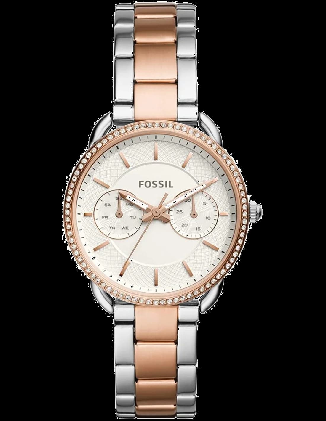 Montre Fossil ES4396 au cadran blanc avec index dorés et aiguilles bicolores, style classique chic
