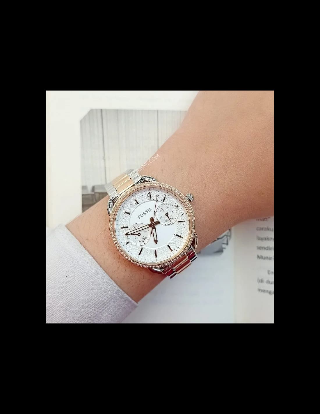 Bracelet Fossil ES4396 en acier inoxydable bicolore rose et argent, maillons alternés, fermoir déployant